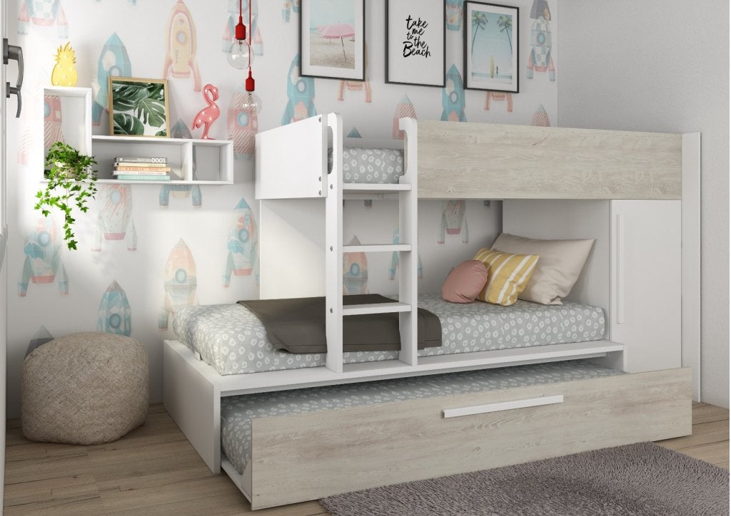 Jules stapelbed met kast en slaaplade - 90x200 - Wit, Niet ingevuld, Niet ingevuld, Niet ingevuld