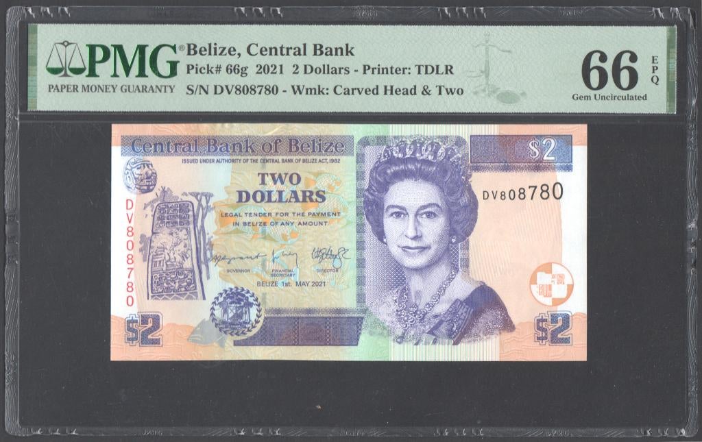 Belize 2 Dollars 2021  PMG Graded 66 EPQ, Postzegels en Munten, Bankbiljetten | Amerika, Verzenden, Midden-Amerika, Los biljet