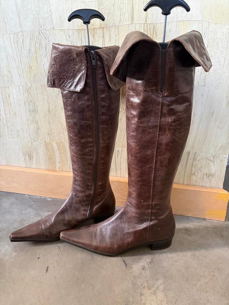 Bruine leren laarzen maat 35 met rits en omslag, Kleding | Dames, Schoenen, Ophalen of Verzenden, Gedragen, Bruin, Hoge laarzen