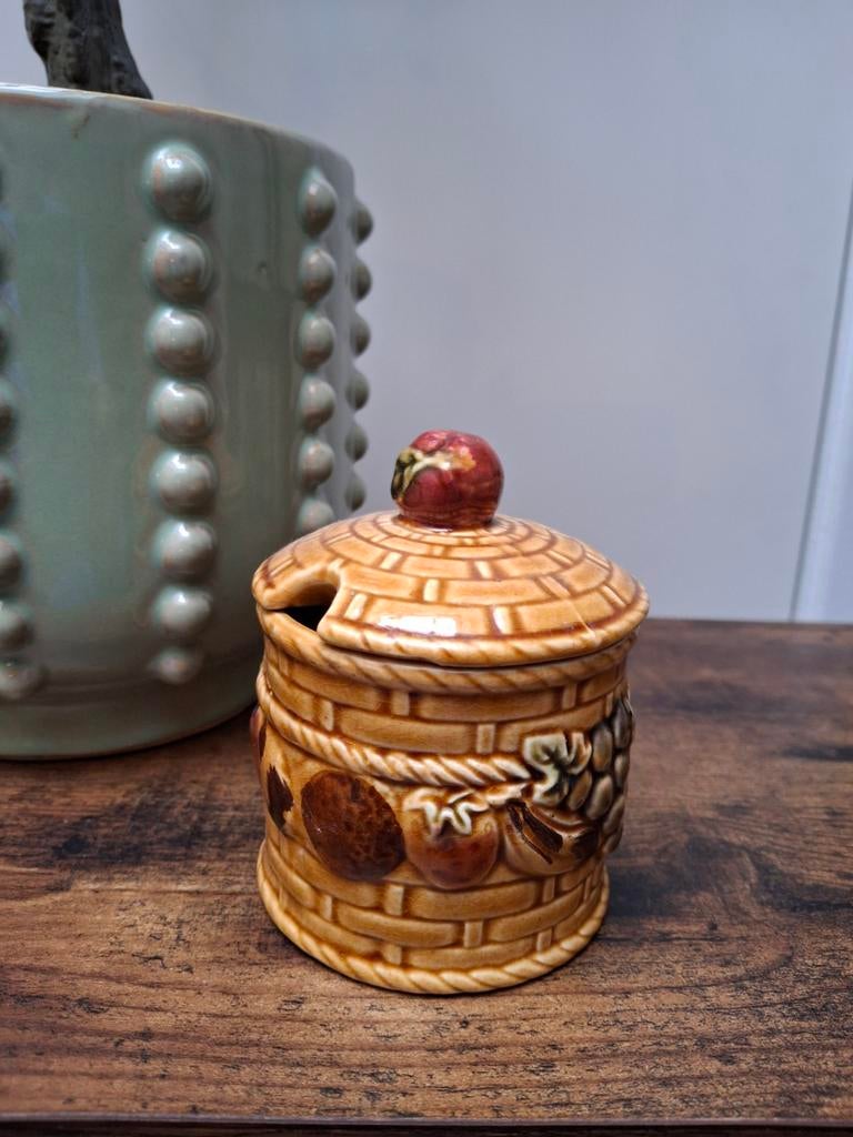 Barbotine Majolica Dekselpotje met Fruitmotief, Antiek en Kunst, Curiosa en Brocante, Ophalen of Verzenden