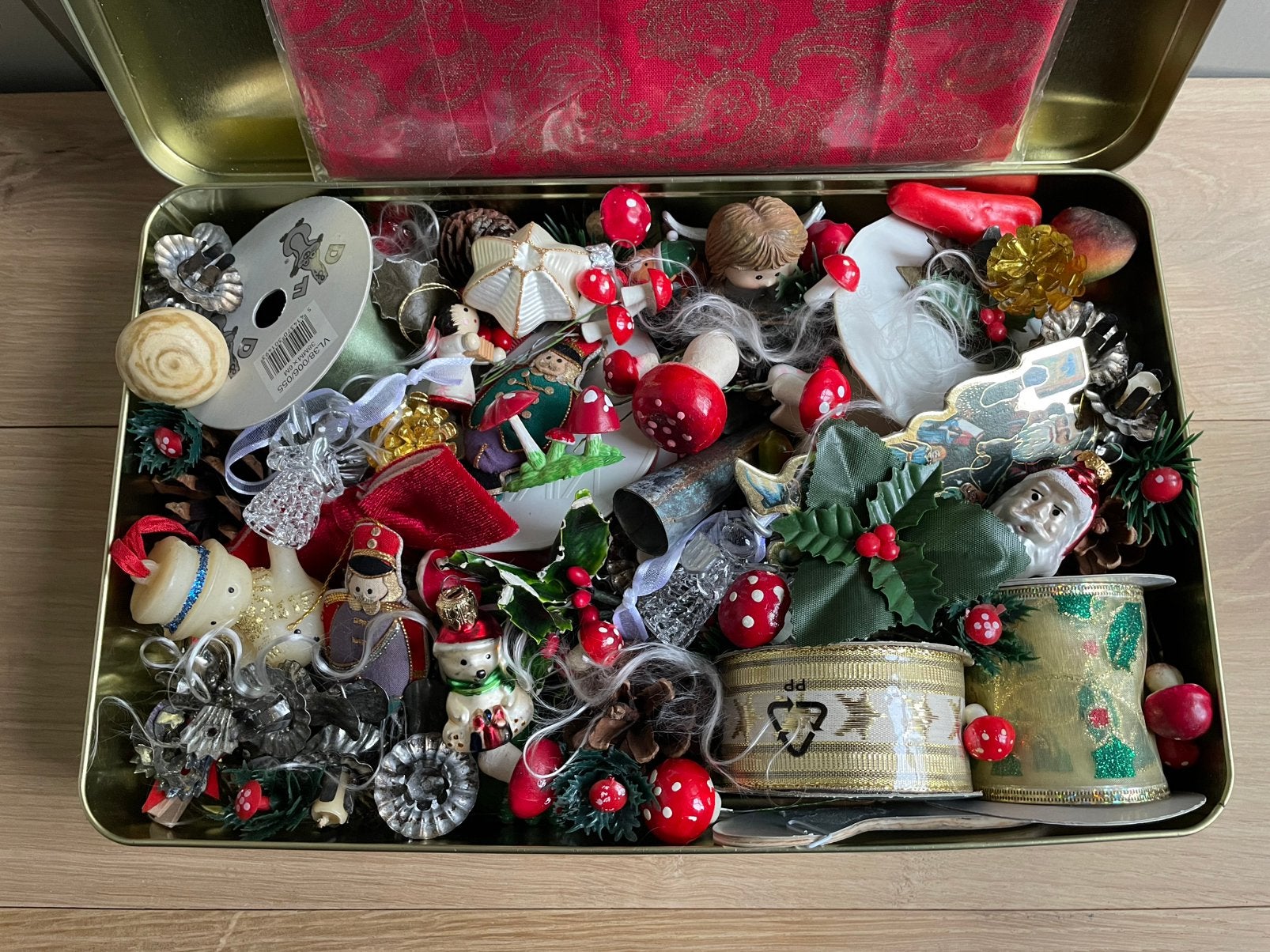 Retro Kerst blik kaars klem paddestoelen lint engeltjes 👼🏻, Ophalen of Verzenden, Gebruikt