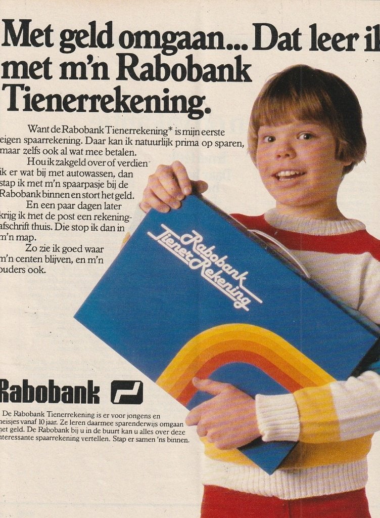 Retro reclame 1983 Rabobank tienerrekening jongen met map, Verzamelen, Verzenden, Overige typen
