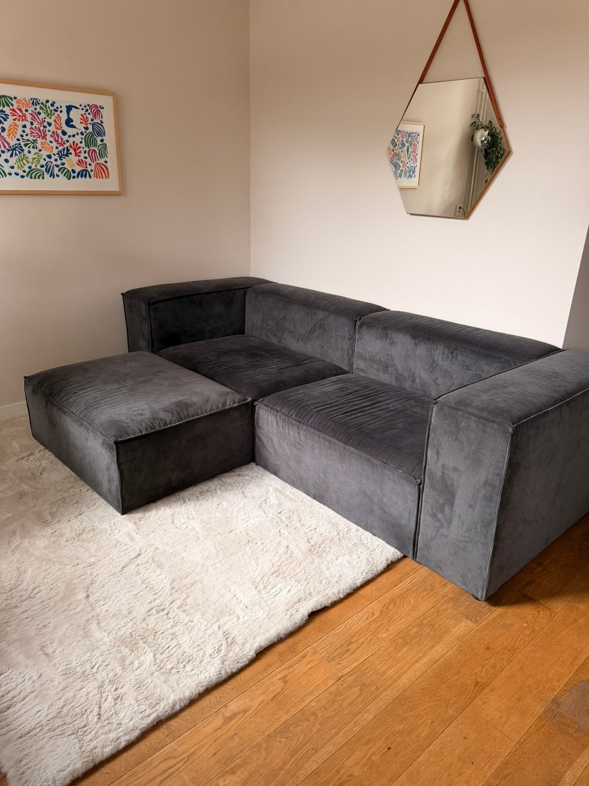 Heerlijke ribstof bank met hocker, donkerblauw