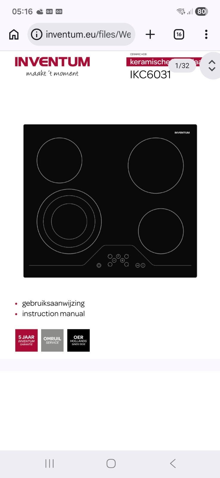Inventum IKC6031 Keramische Kookplaat - in super staat, Ophalen, Keramisch, 4 kookzones, Zo goed als nieuw