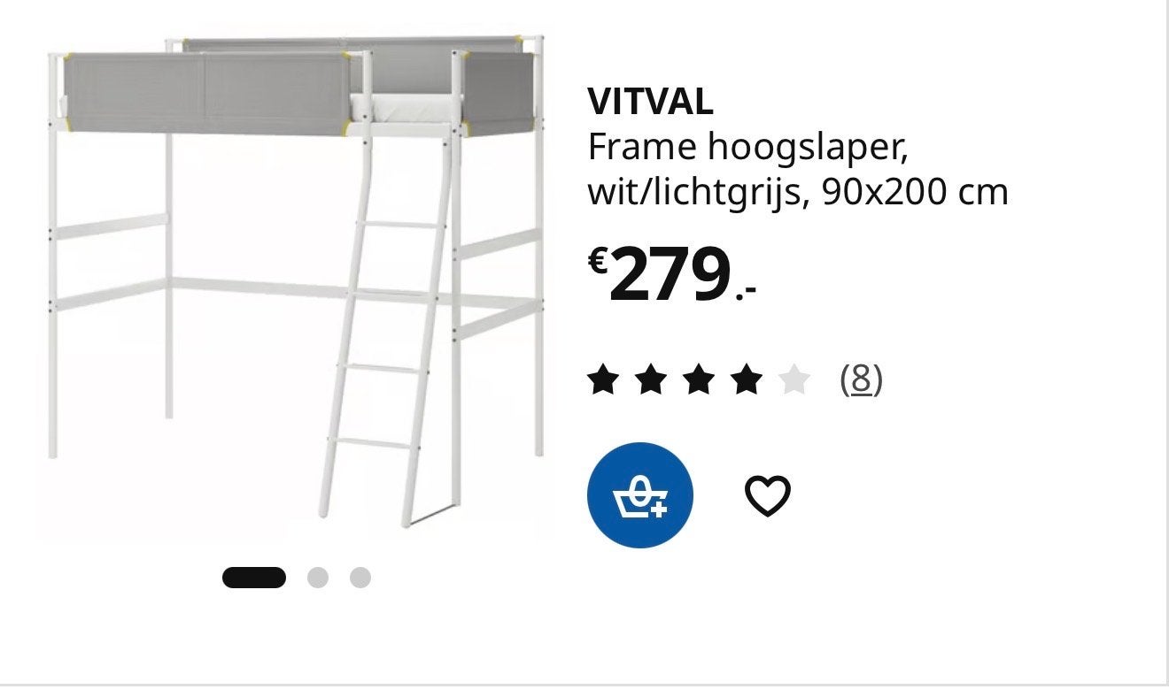 IKEA VITVAL Hoogslaper wit/lichtgrijs 90x200 cm, Ophalen, Gebruikt, Eenpersoons, 200 cm