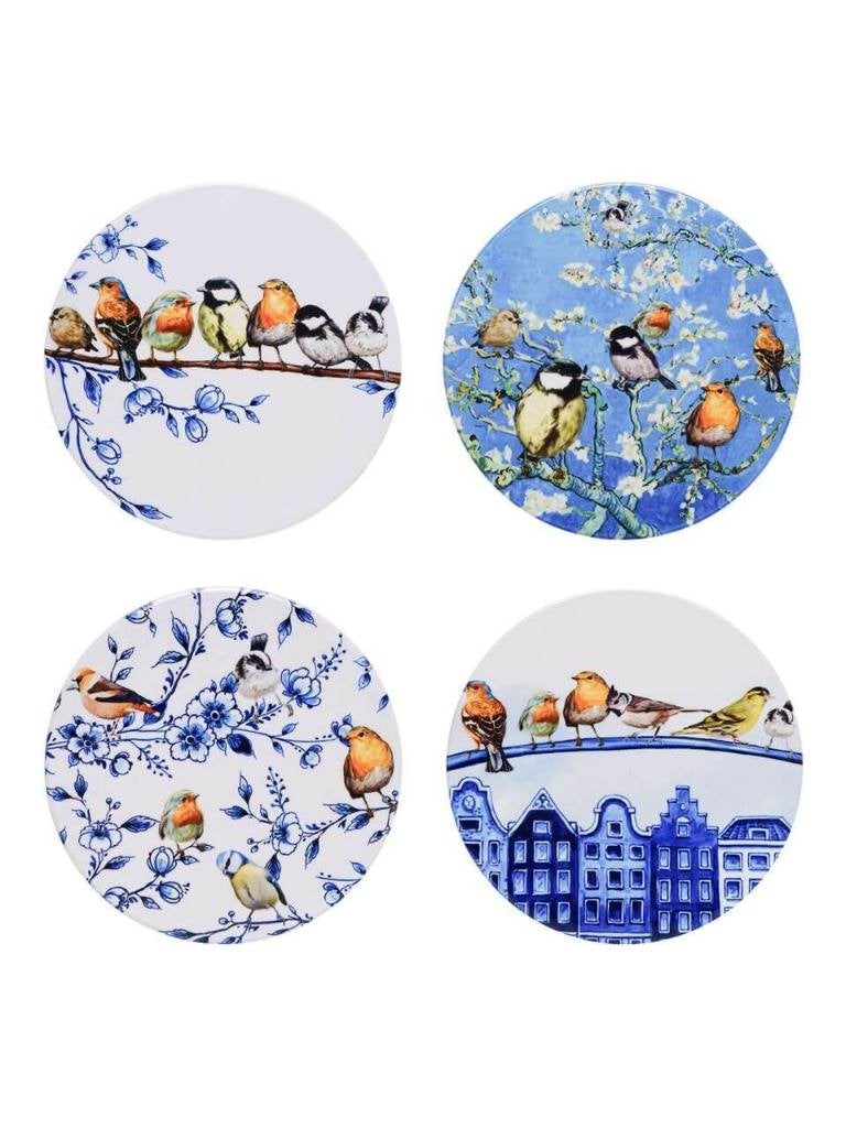 Heinen Delfts Blauw onderzetters Bosvogels set van 4, Overige merken, Keramiek, Overige typen, Ophalen of Verzenden