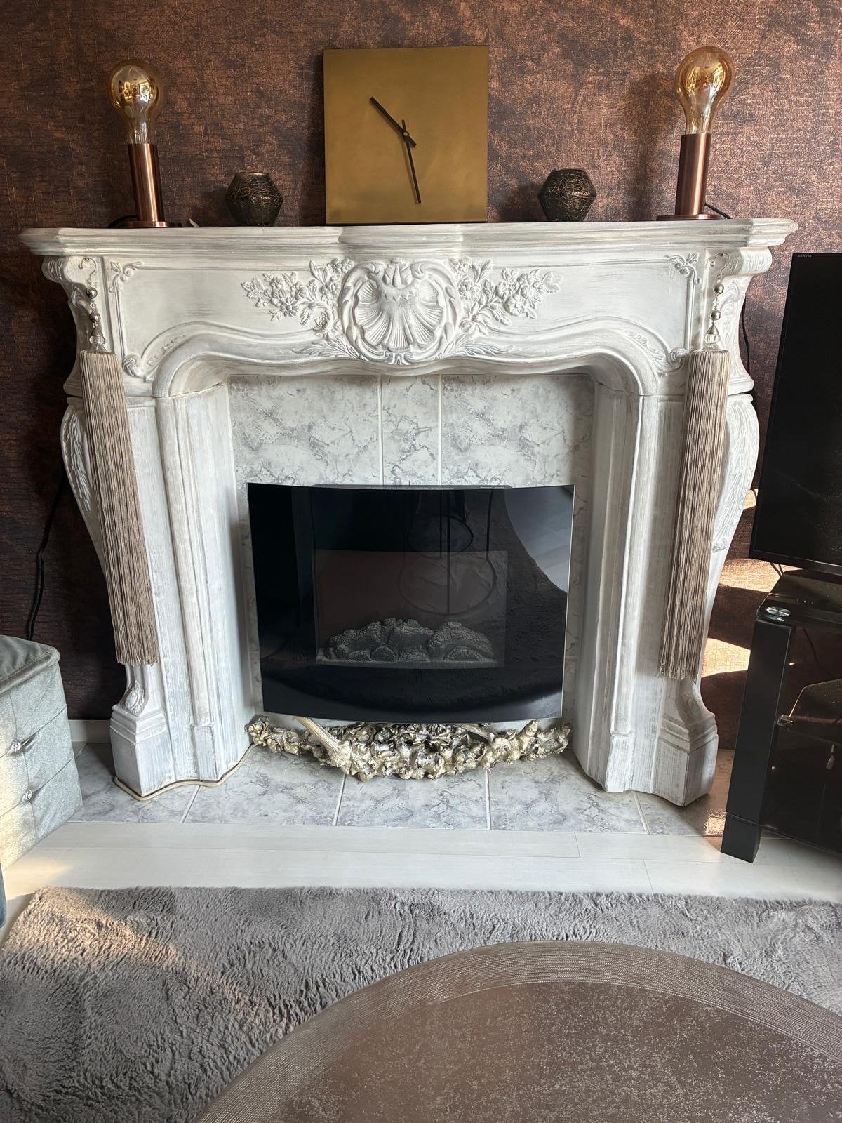 Decoratieve elektrische sfeerhaard met schouw, Huis en Inrichting, Ophalen, Gebruikt, Vrijstaande haard, Elektrische haard