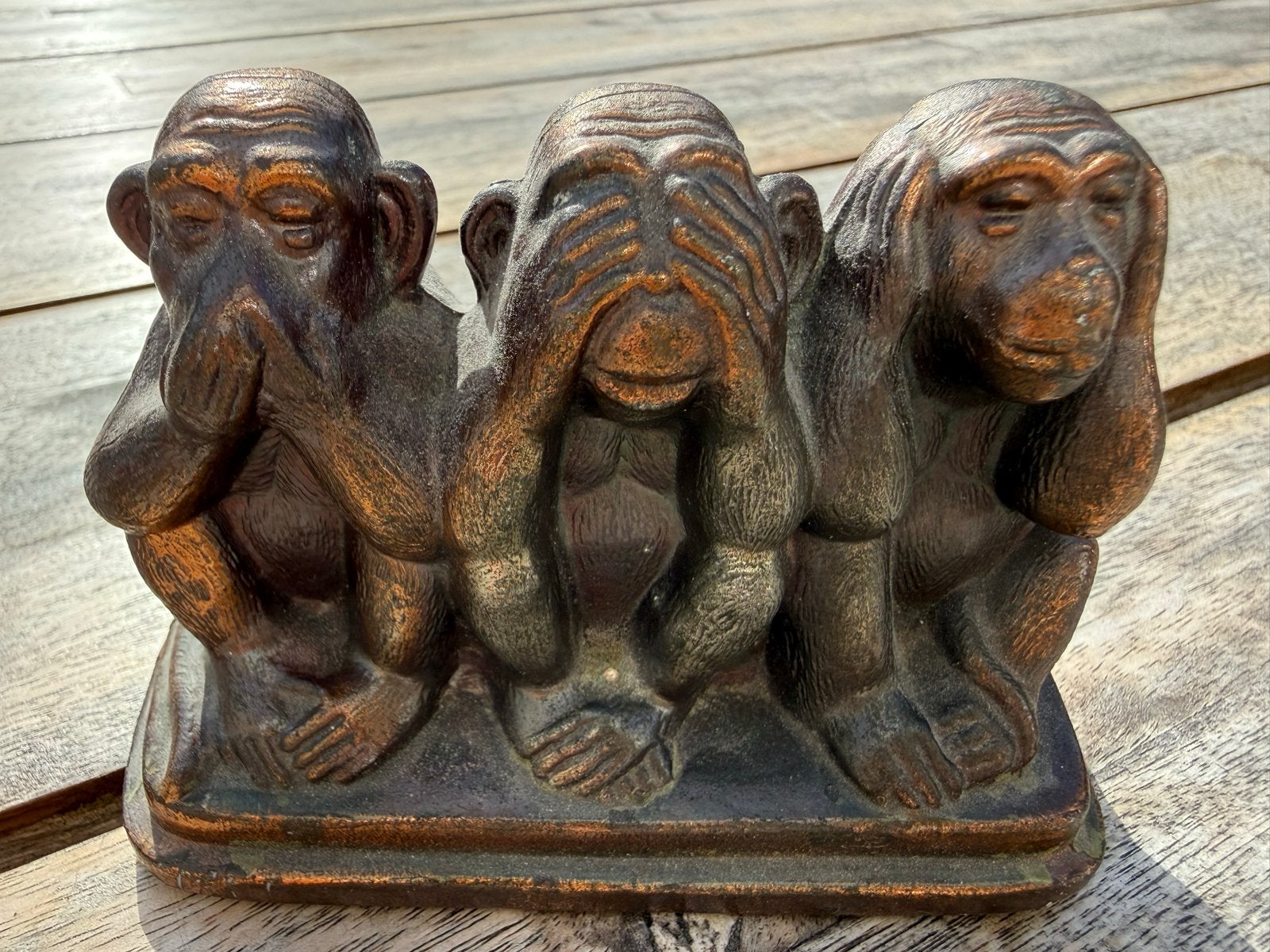 Koperen beeldje Drie Wijze Apen - Horen, Zien, Zwijgen, Antiek en Kunst, Ophalen of Verzenden