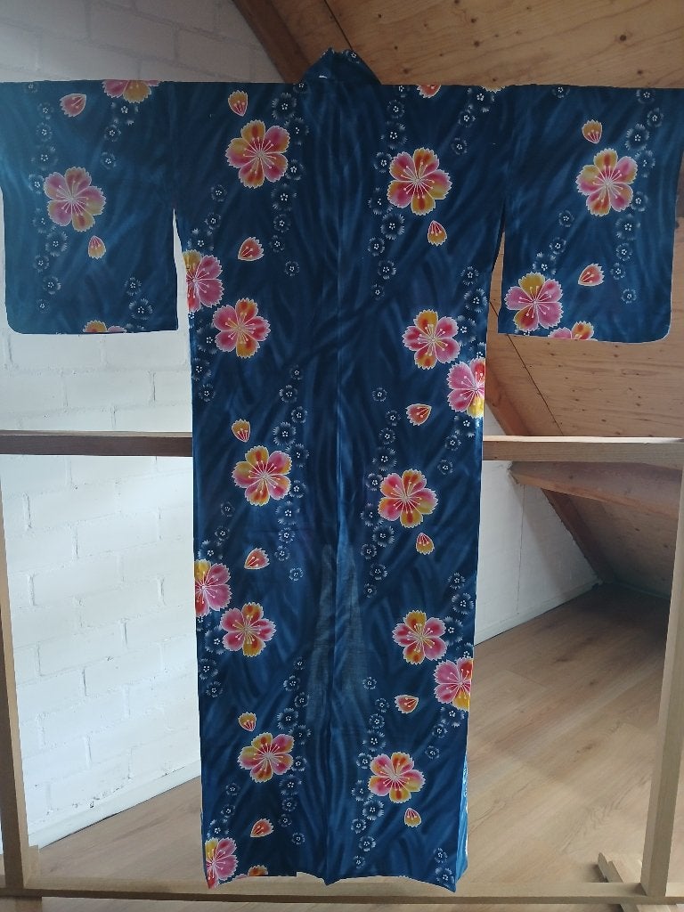 Traditionele Japanse yukata summer Kimono blue pink flower, Ophalen of Verzenden