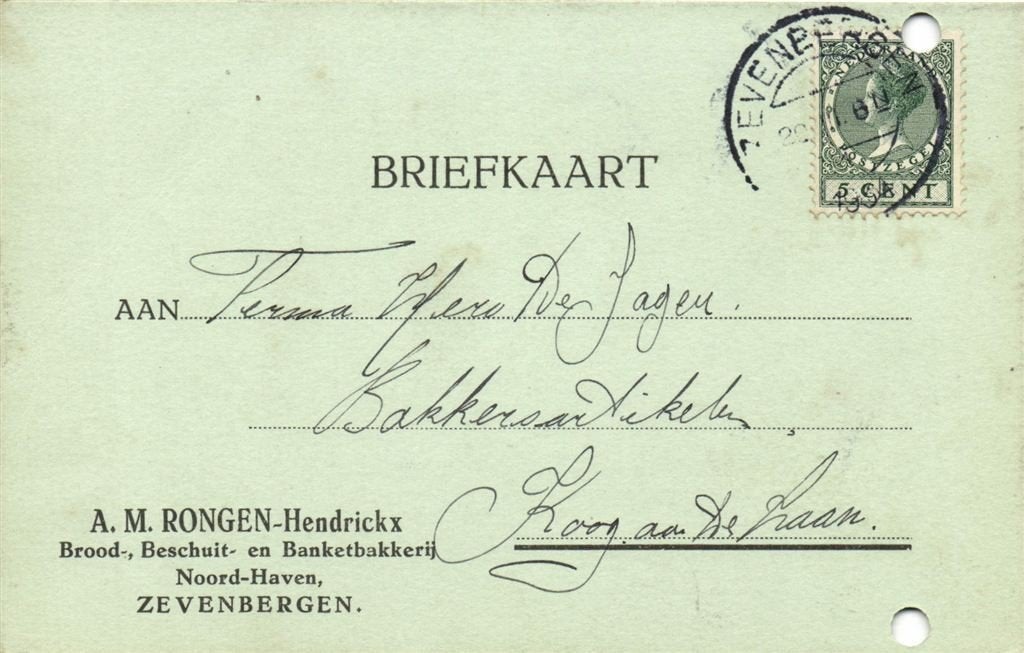 A.M. Rongen-Hendrickx, Zevenbergen - 03.1934 - briefkaart, Postzegels en Munten, Ophalen of Verzenden, Briefkaart