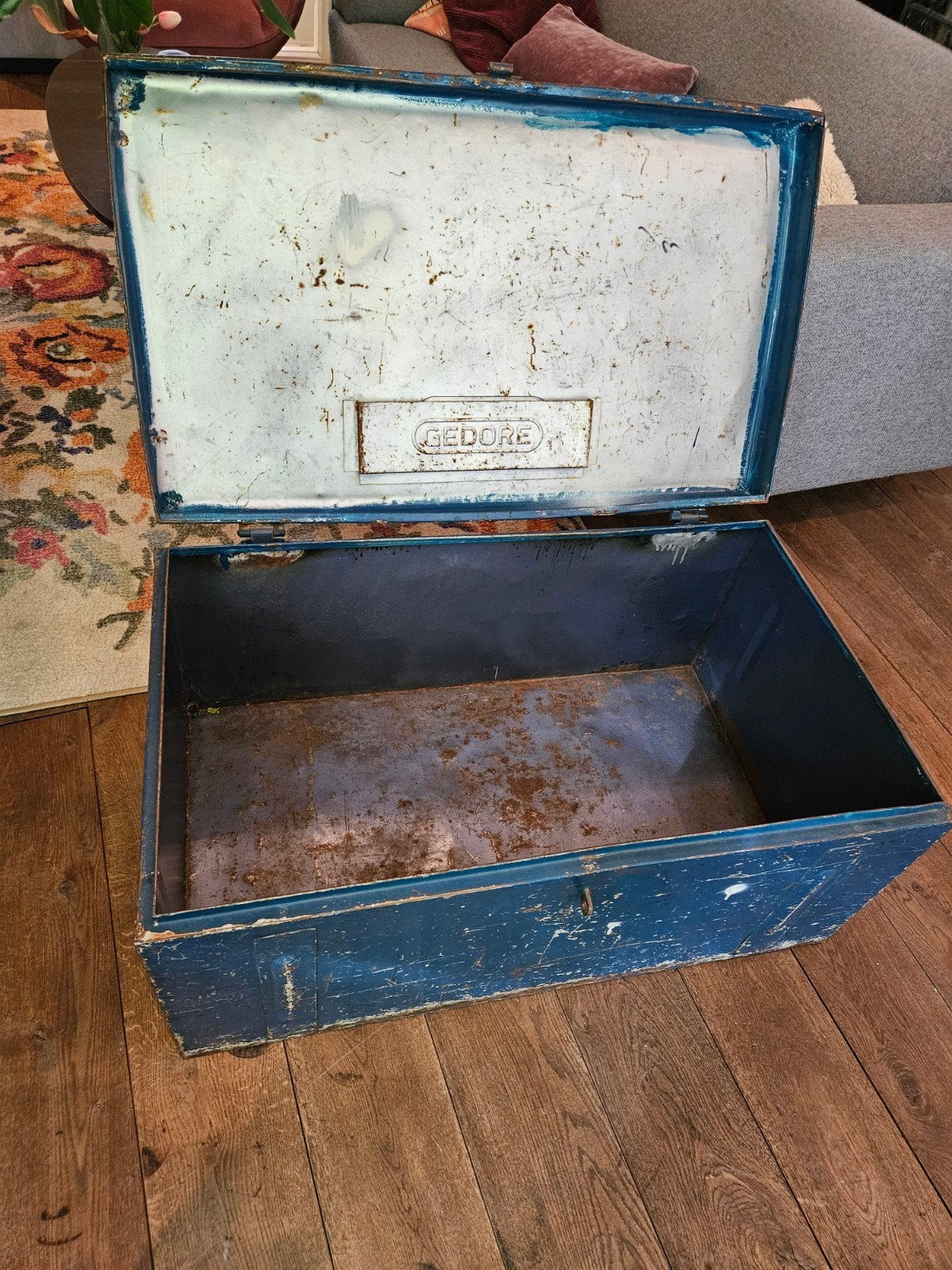 Vintage blauwe metalen (gereedschaps-)opbergkist Gedore, Huis en Inrichting, Woonaccessoires | Kisten, Ophalen, Gebruikt, 50 tot 100 cm