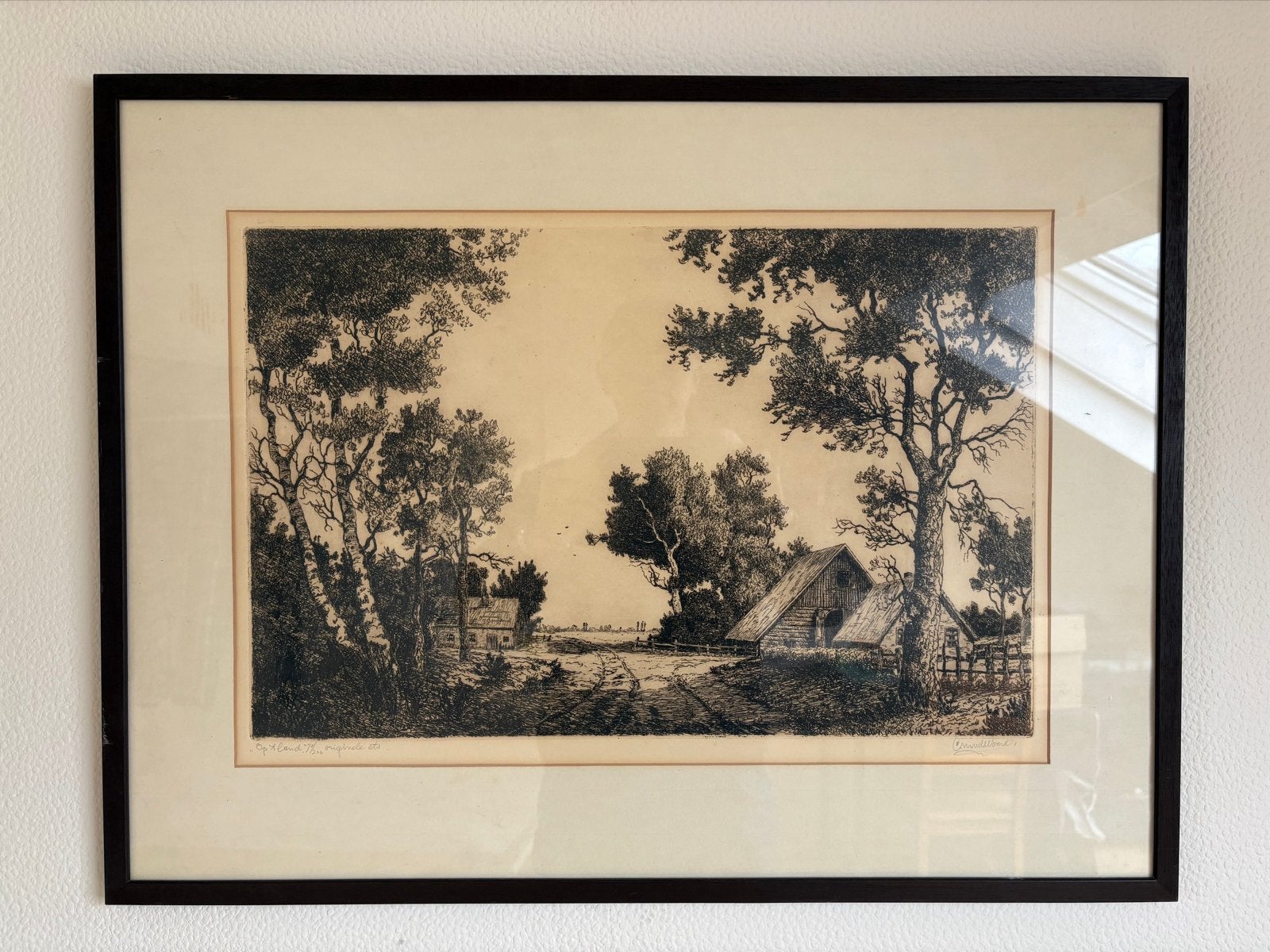 Originele ets 'Op 't Land' door C.M. van der Woerd, Antiek en Kunst, Kunst | Etsen en Gravures, Ophalen, Landschap, 1900 - 1949