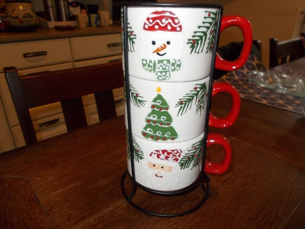 🎄Kerstmokken set van 3 met metalen houder ., Ophalen of Verzenden, Zo goed als nieuw