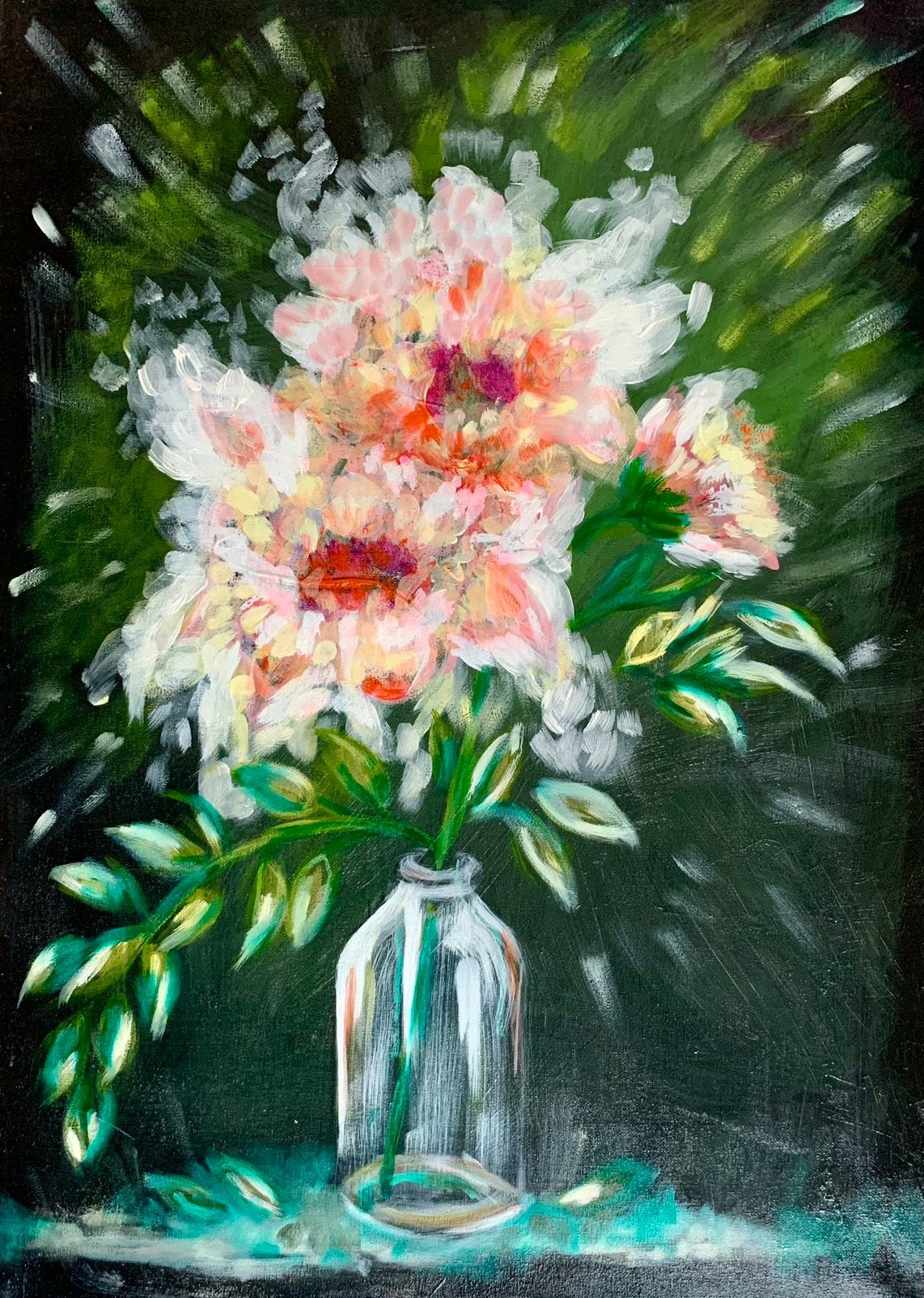 Bloemenstilleven, schilderij 50x 70 cm, Antiek en Kunst, Acrylverf, Ophalen of Verzenden, Op houten frame, Bloemen
