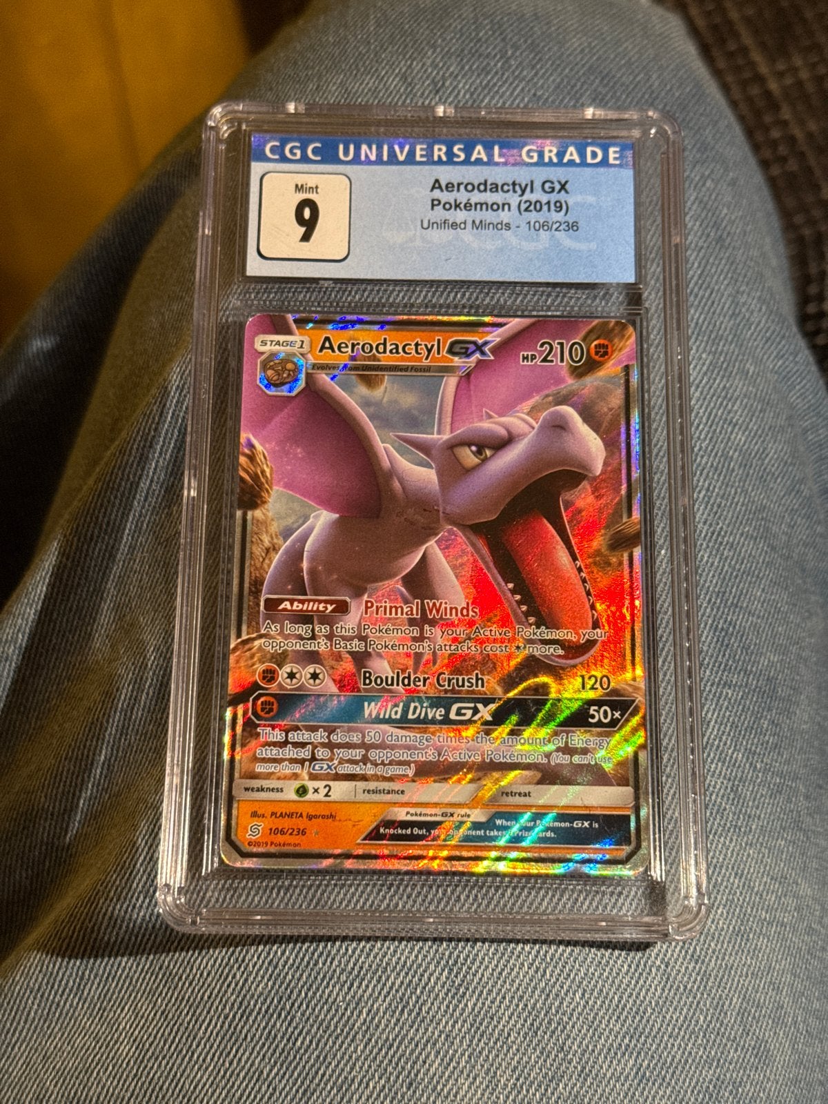 Aerodactyl GX CGC 9 Mint Pokémon Kaart (2019) Unified Minds, Ophalen of Verzenden, Zo goed als nieuw, Losse kaart