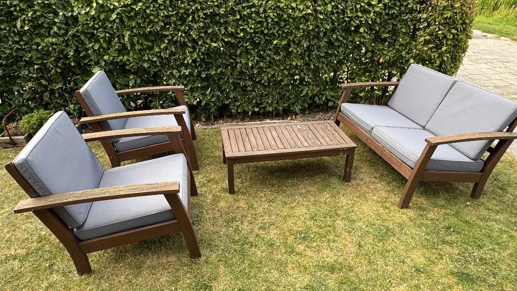 Houten tuinmeubelset met kussens, Ophalen, 4 zitplaatsen, Gebruikt, Bank