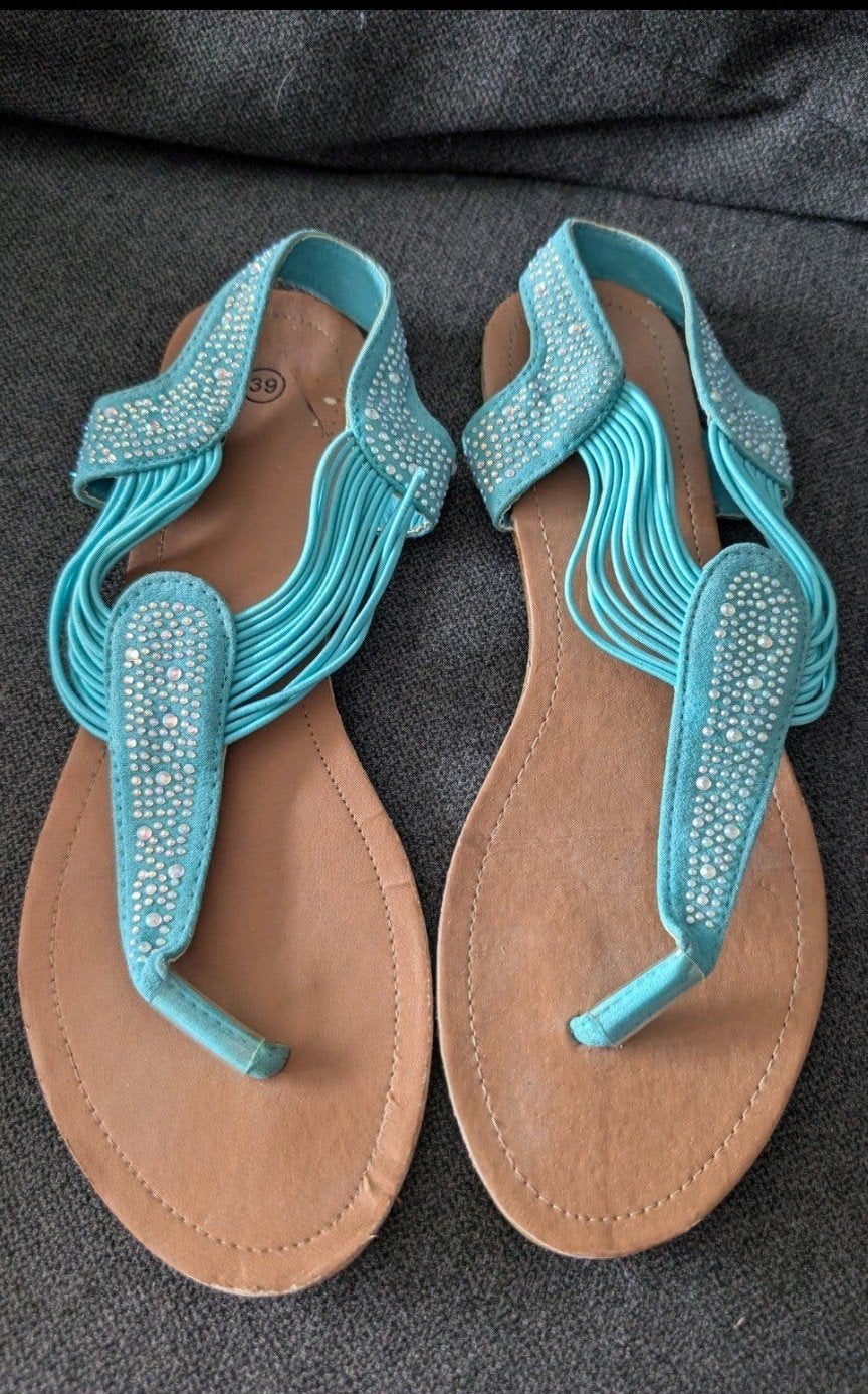 Turquoise sandalen slippers met strass steentjes - Maat 39, Ophalen of Verzenden, Zo goed als nieuw