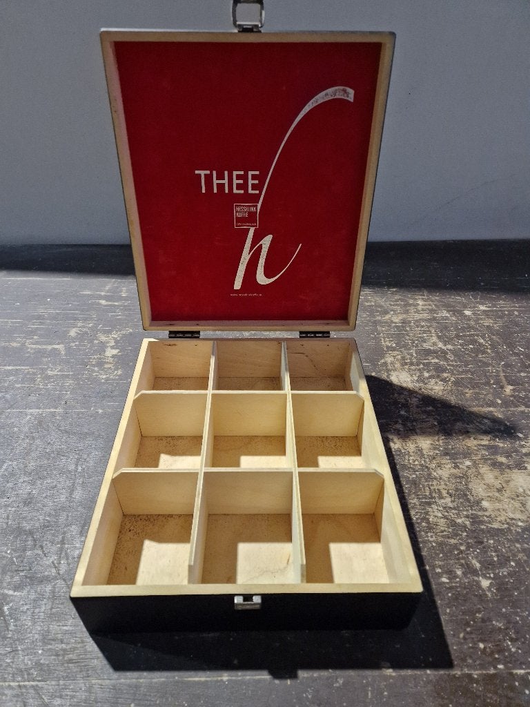 Mooie 9 vaks theedoos van Hesselink koffie, Theedoos, Ophalen of Verzenden, Gebruikt, Zwart