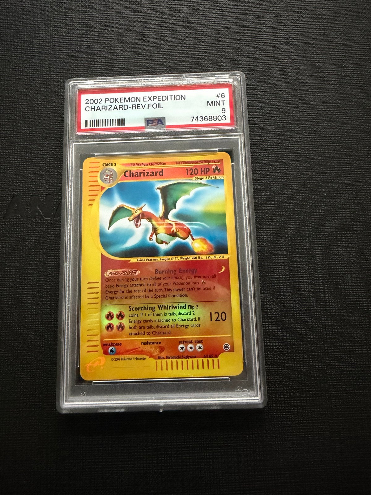 Charizard 6/165 Reverse Holo PSA 9 - Expedition Base Set, Ophalen of Verzenden, Zo goed als nieuw, Losse kaart, Foil