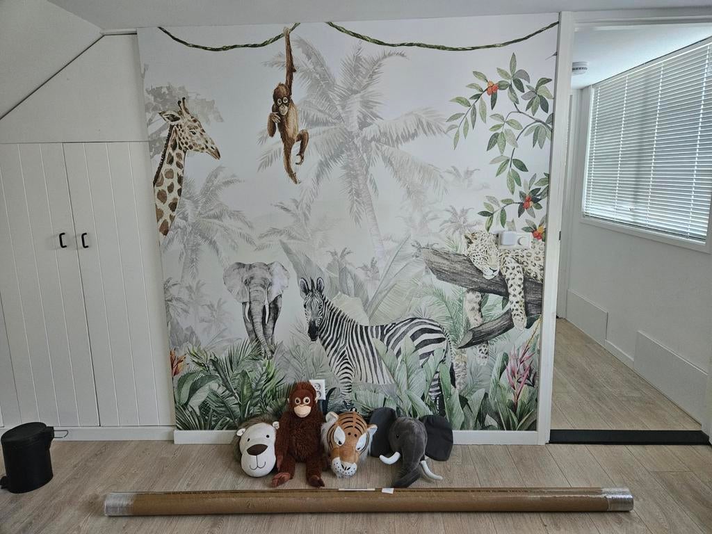 Naadloos Behang Jungle Dieren 195x200 cm Nieuw en toebehoren, Huis en Inrichting, Stoffering | Behang, Wit, Bruin, Grijs, Groen
