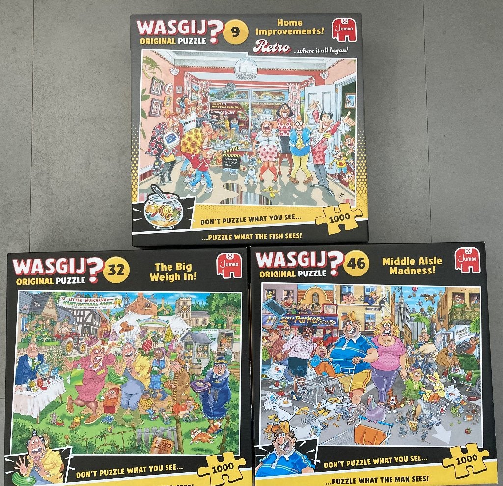 Wasgij puzzels, nr 9, 32, 46., Ophalen, 500 t/m 1500 stukjes, Zo goed als nieuw, Legpuzzel
