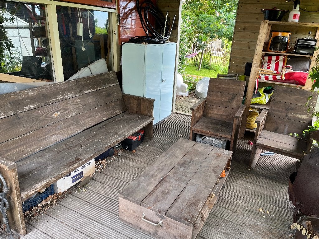 Rustieke, zelf gemaakte tuinset, Ophalen, 5 zitplaatsen, Gebruikt, Steigerhout