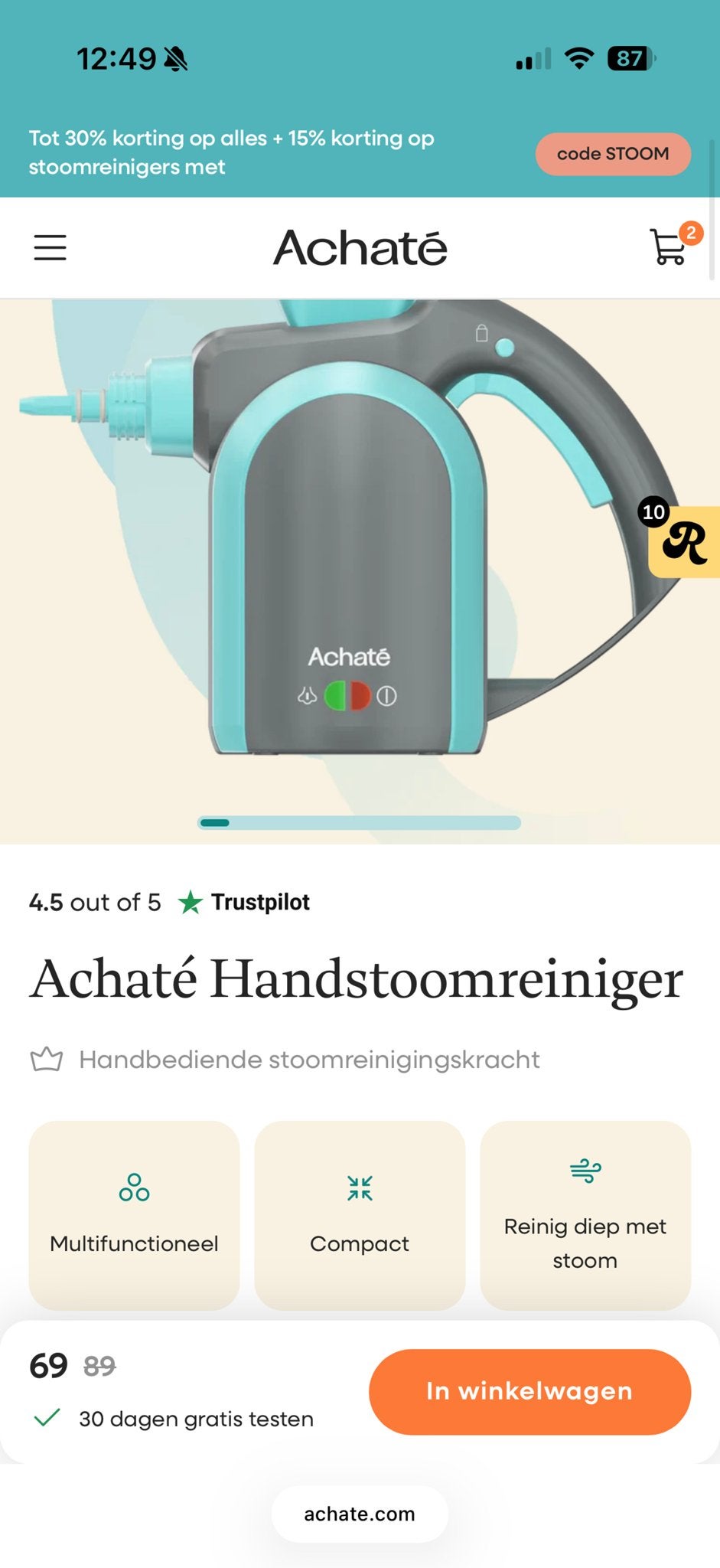 Achaté Handstoomreiniger nieuw in doos, Ophalen of Verzenden, Nieuw, Stoomreiniger