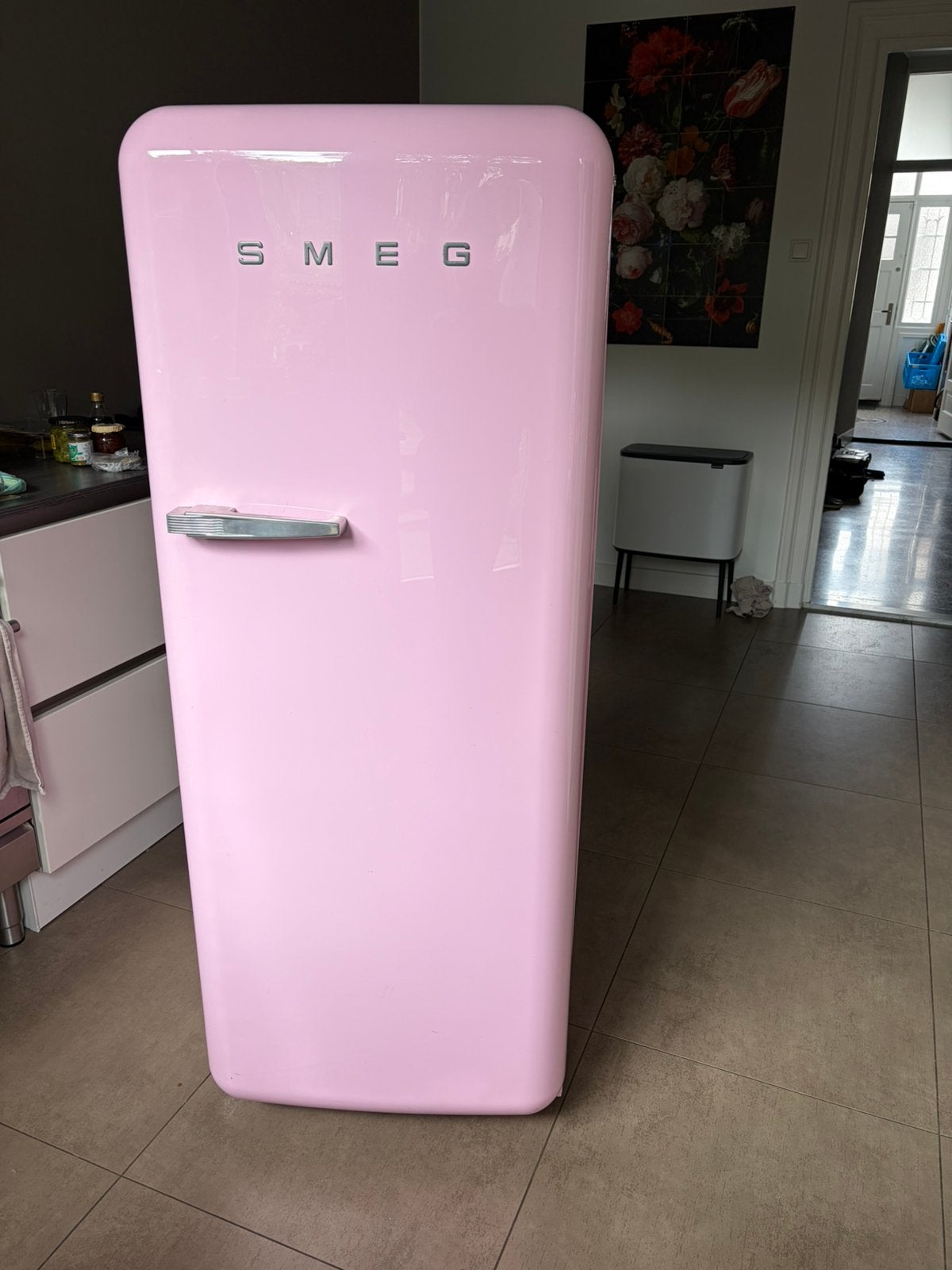 Roze Smeg koelkast FAB28 model., Witgoed en Apparatuur, Koelkasten en IJskasten, Ophalen, Gebruikt, 200 liter of meer, 60 cm of meer
