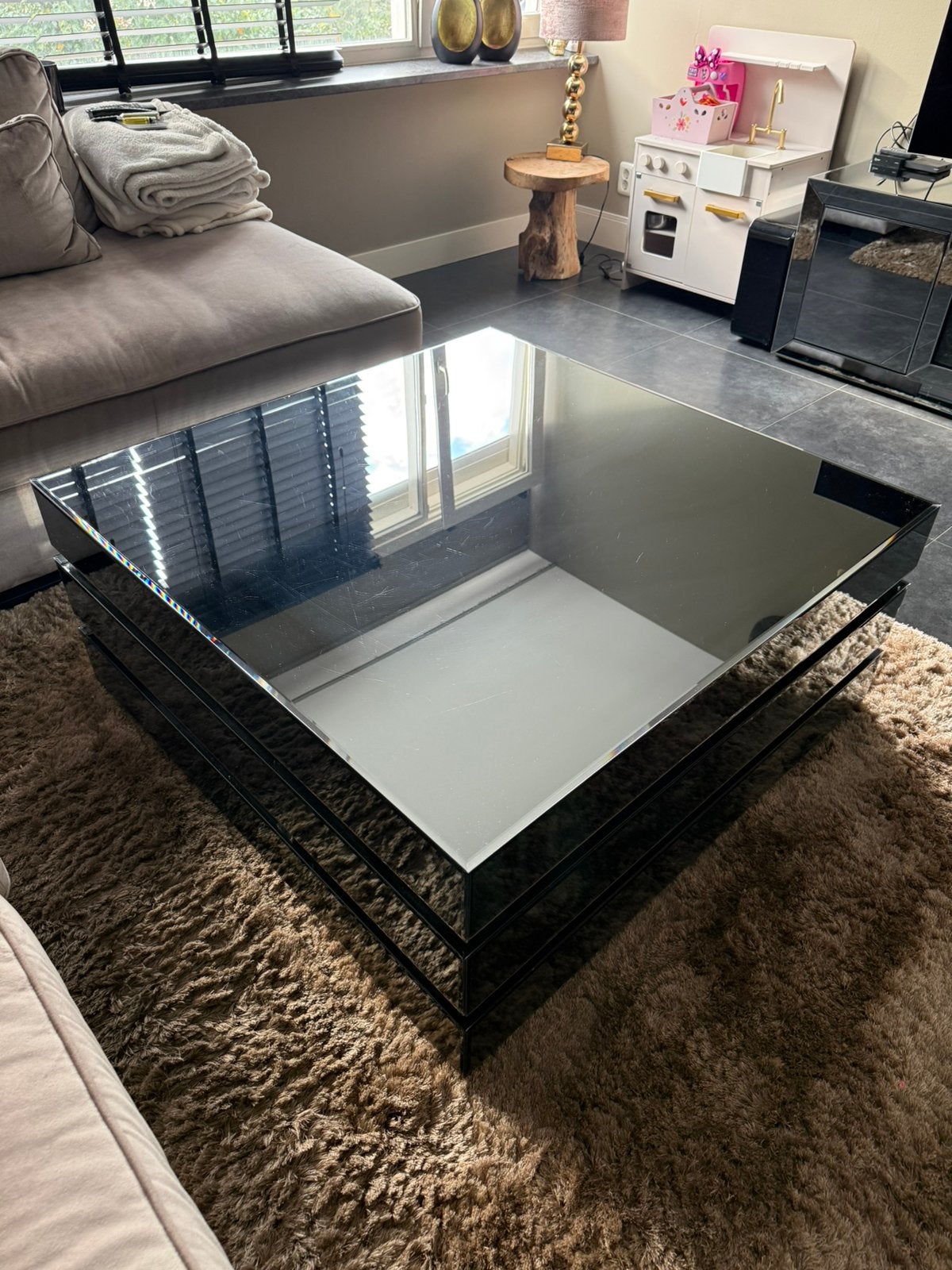 Salon tafel spiegel zwart/antraciet, Huis en Inrichting, Gebruikt, Vierkant, Ophalen of Verzenden, Glas