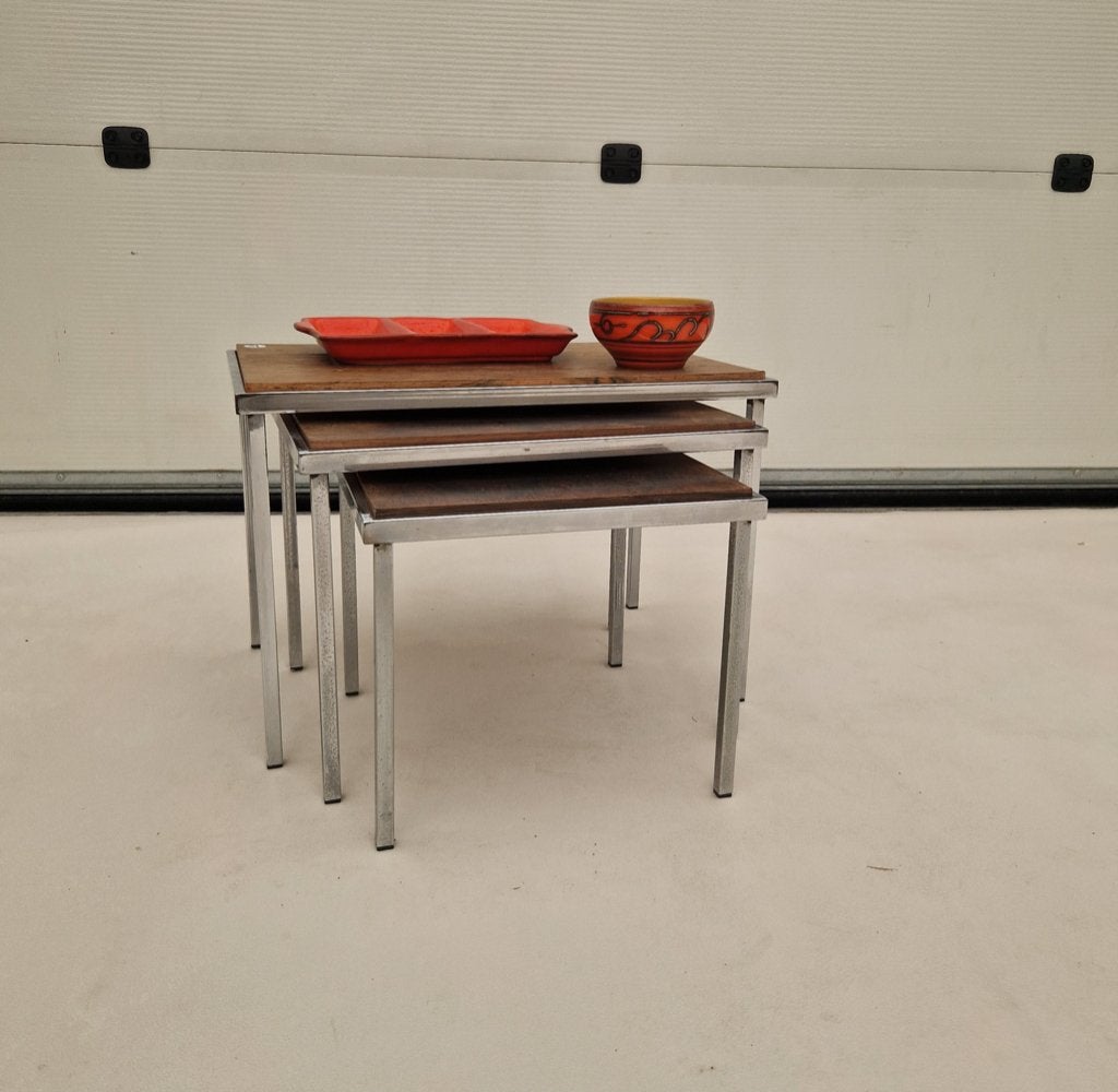 Vintage chromen nesting set met houten plaatjes, Overige materialen, Minder dan 55 cm, ., .