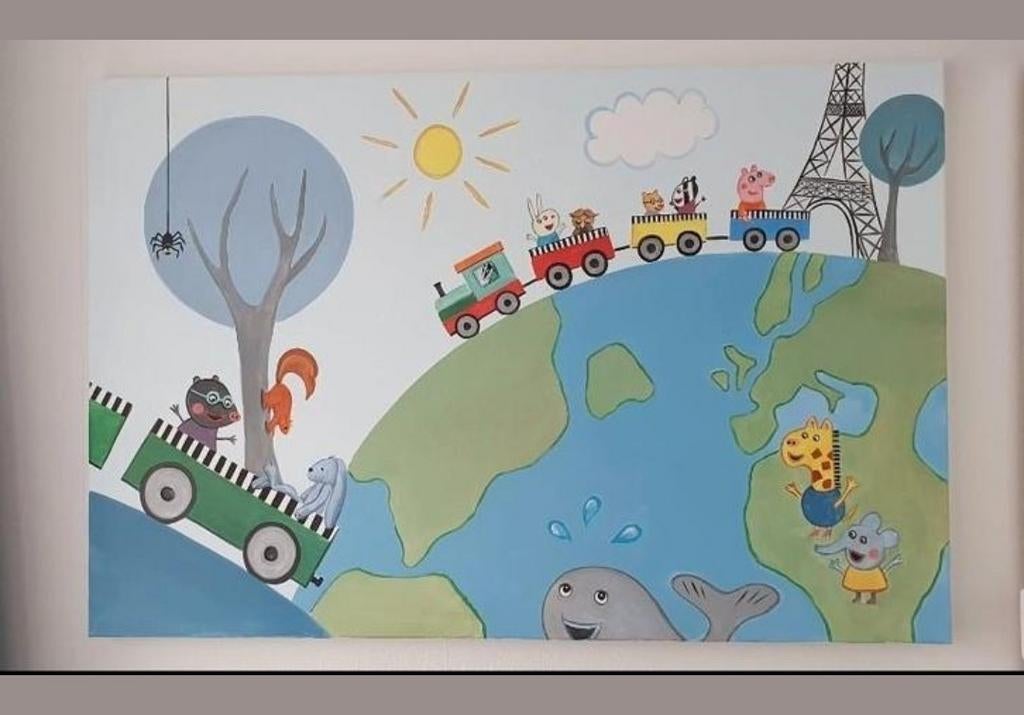 Handgeschilderd Peppa Pig schilderij 120x80 cm, Ophalen, Zo goed als nieuw, Schilderij, 100 tot 125 cm