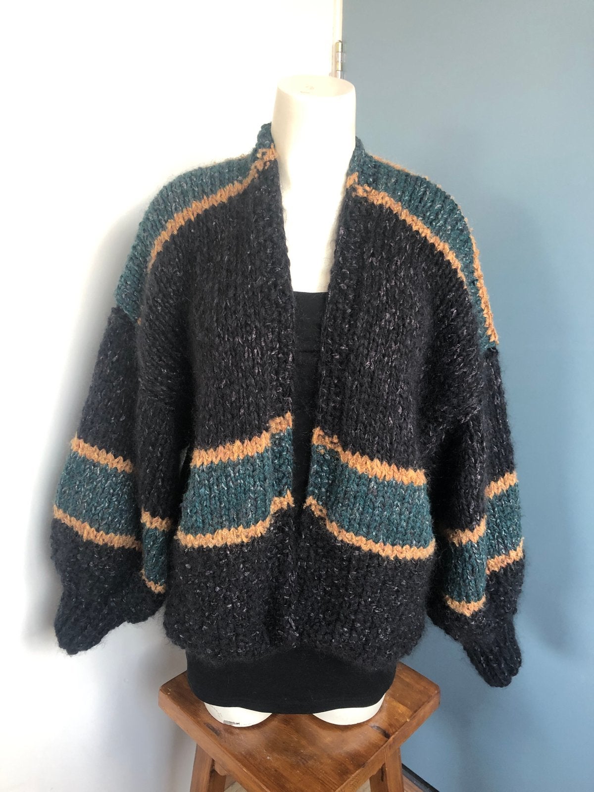 Hand gebreid oversized vest ballonsleeves zwart groen l xl, Zwart, Maat 42/44 (L), Nieuw, Ophalen of Verzenden