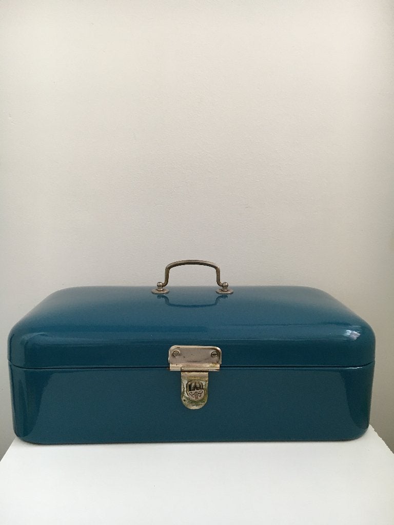Vintage emaille broodtrommel petrol/blauwgroen, Antiek en Kunst, Antiek | Emaille, Verzenden