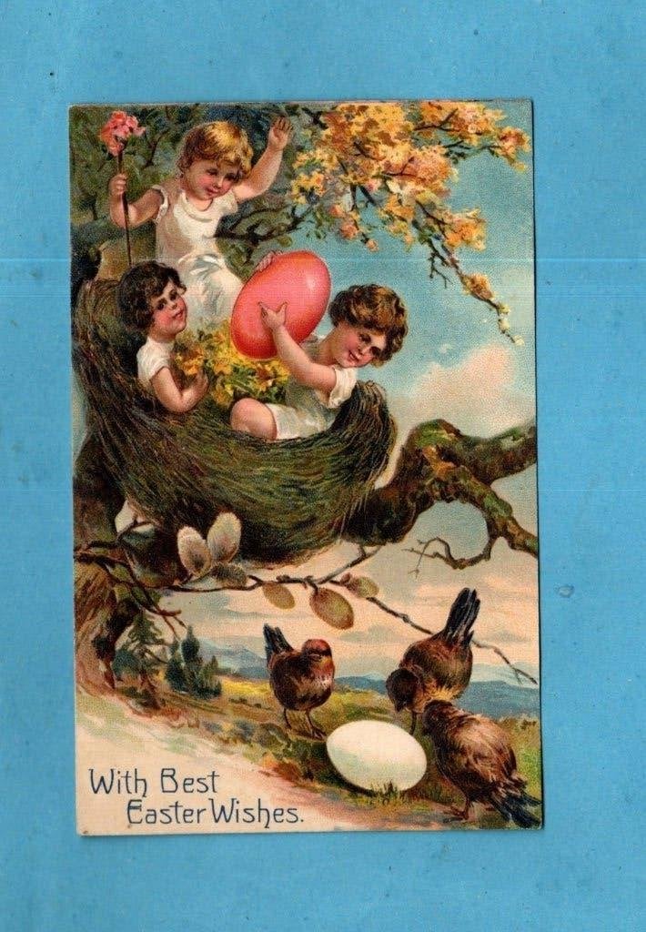 Oude Paaskaart/reliéf: Kinderen in Nest met Paasei / W015, Verzenden, Voor 1920, Gelopen, Feest(dag)
