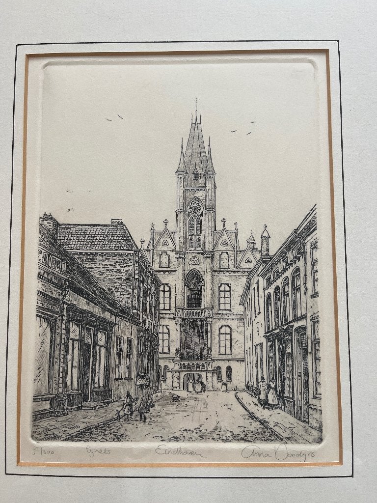 Ets oud stadhuis Eindhoven door Anna Doedijns, Stadsgezicht, Ophalen of Verzenden, Gesigneerd, 36 cm
