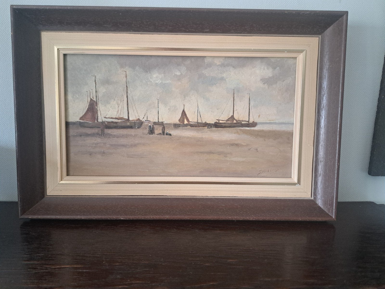 Schilderij van schepen door J. Vlieland, Realistisch, Origineel werk, Ophalen of Verzenden, Olieverf