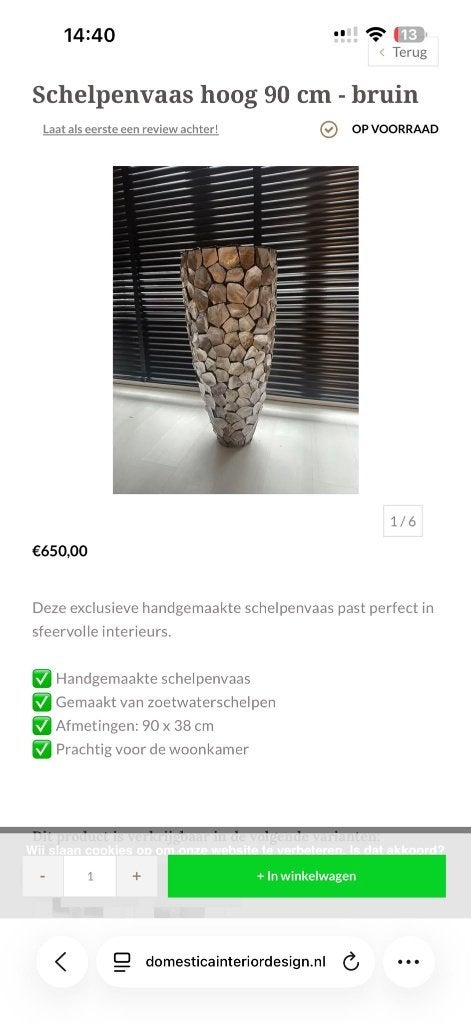 Een echte mother of pearl schelpen vaas., Huis en Inrichting, Ophalen, Overige materialen, 90 cm, Zo goed als nieuw