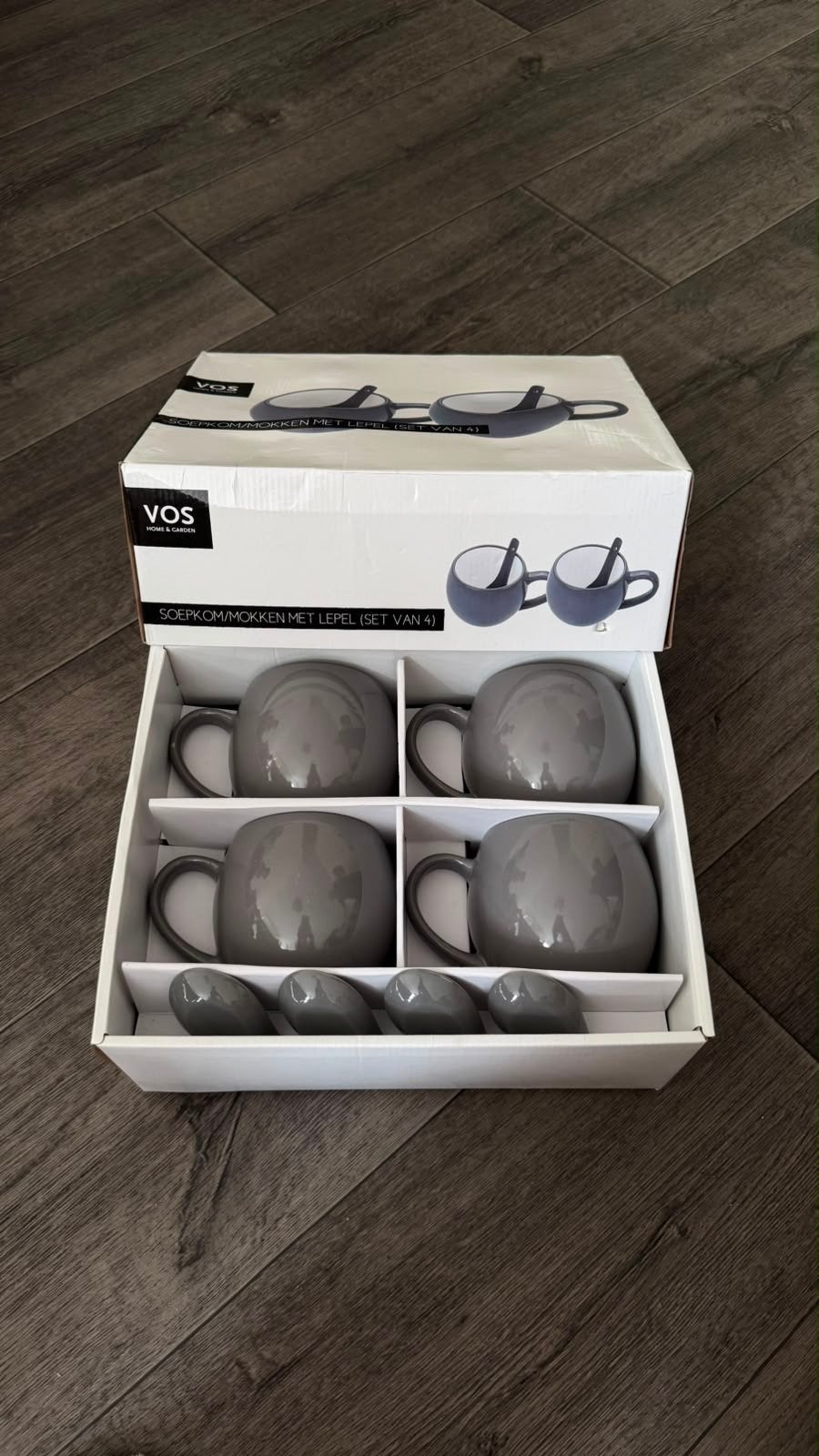 VOS Soepkommen/Mokken met Lepel (Set van 4) - Grijs, Ophalen, Keramiek, Nieuw, Effen