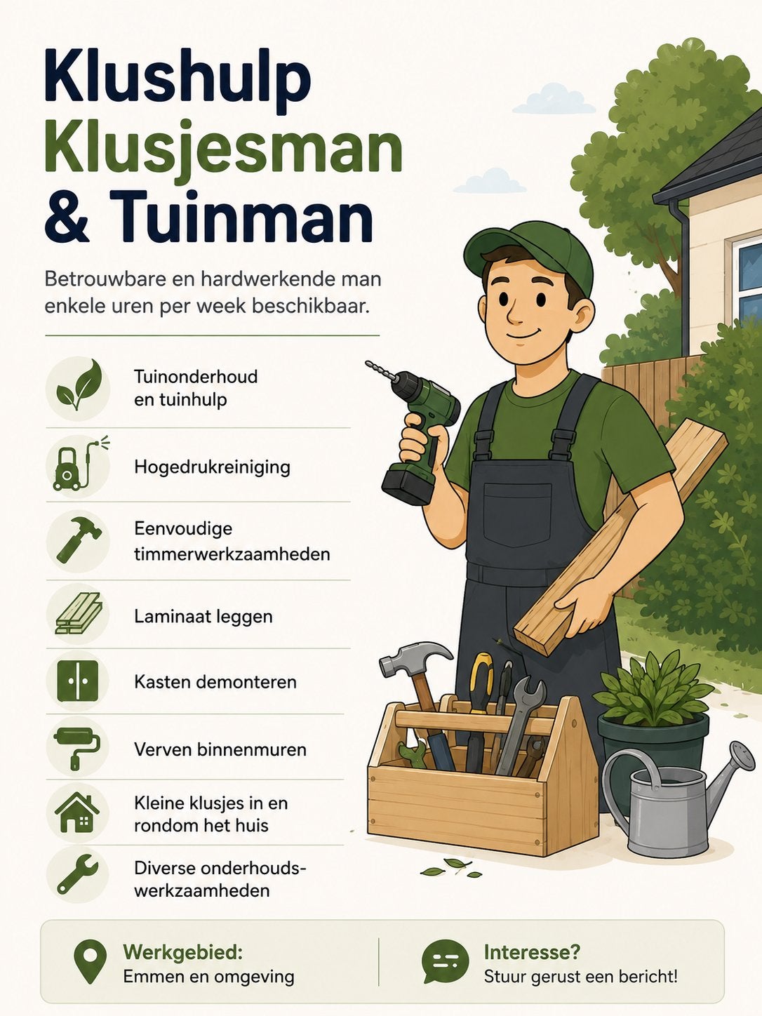 Klushulp, klusjesman & tuinman – omgeving Emmen, Diensten en Vakmensen, Klussers en Klusbedrijven