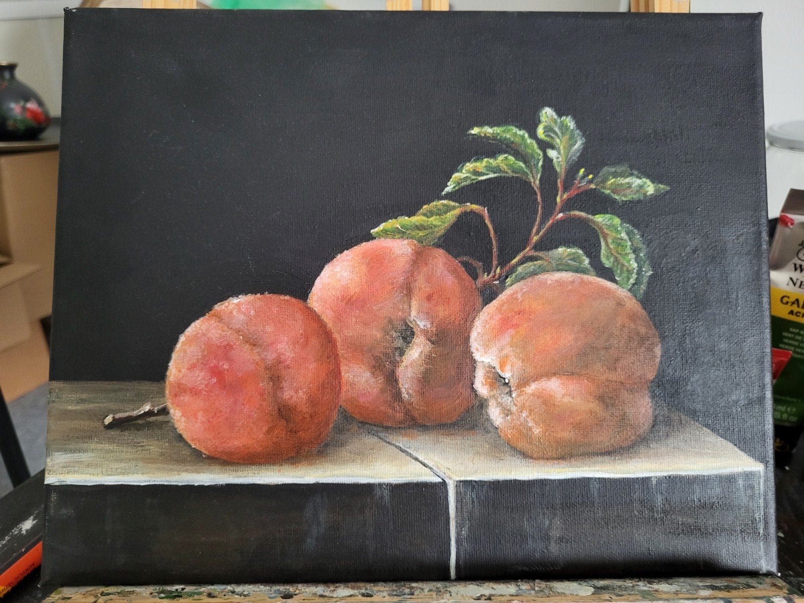 schilderij perziken op plank, Ophalen of Verzenden, Nieuw, Minder dan 50 cm, Schilderij