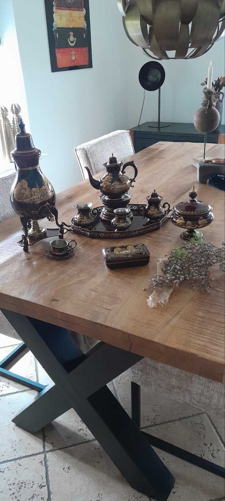 Prachtige tinnen servies handgeschilderd rood., Huis en Inrichting, Ophalen of Verzenden