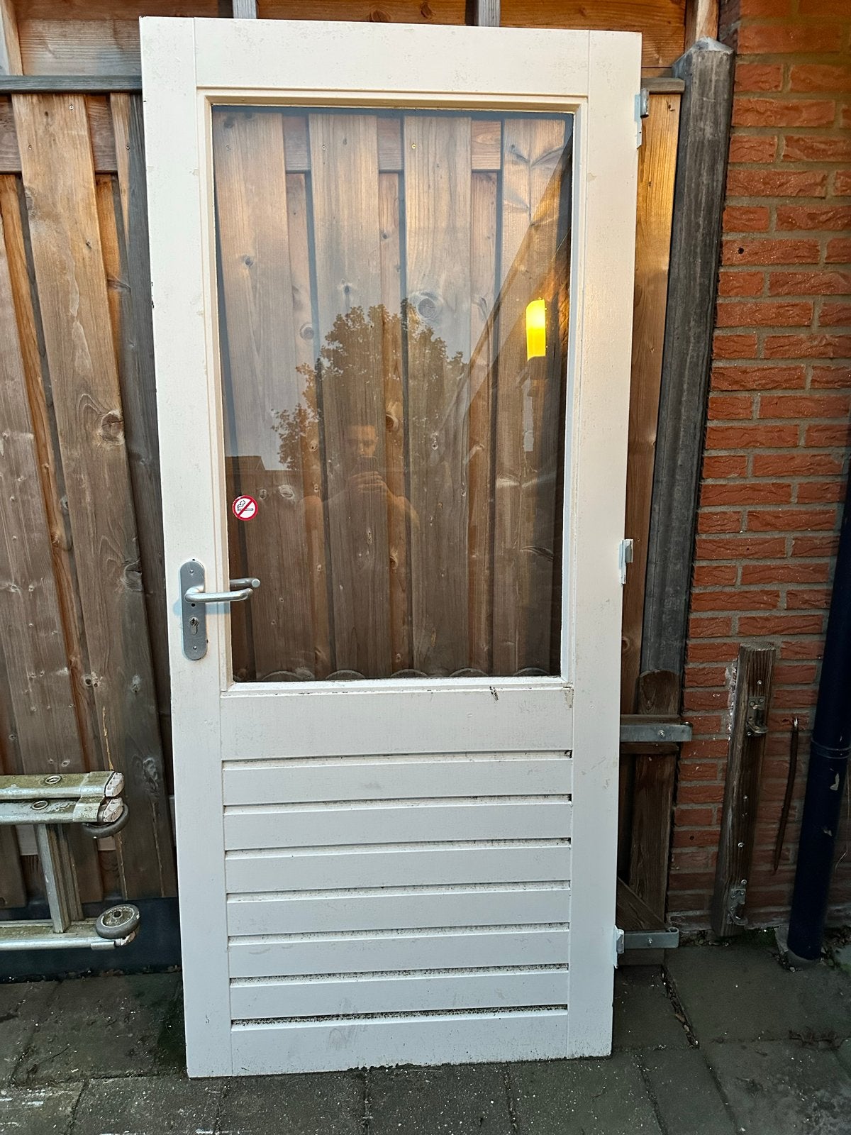 Hardhouten buitendeur met glas, Ophalen, Gebruikt, 80 tot 100 cm, Buitendeur