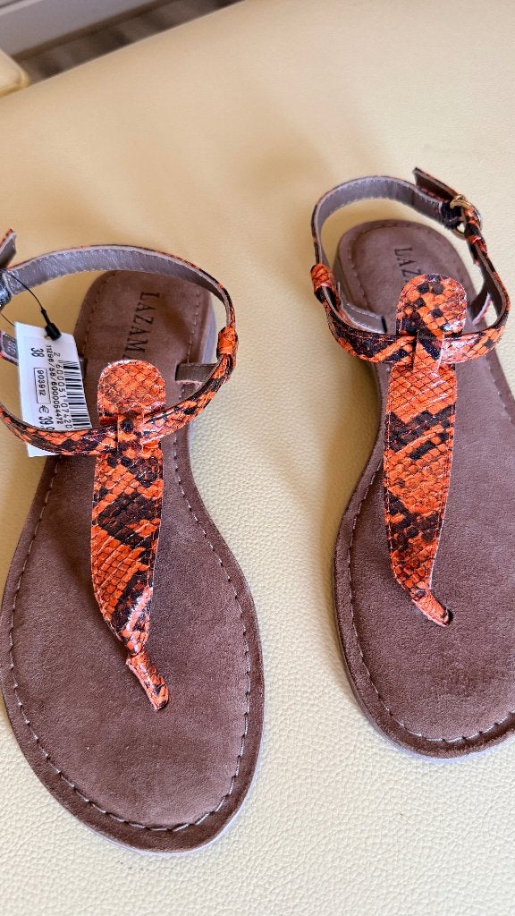 Nieuw: Lamazani leren slippertjes met slangenprint mt 38, Lamazani, Verzenden, Nieuw, Oranje