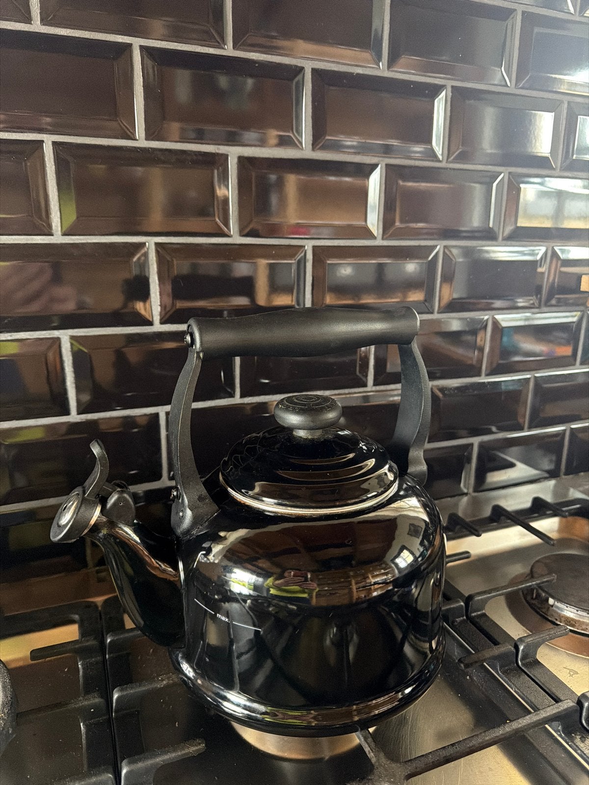 Le Creuset Fluitketel Zwart, Gebruikt, Ophalen of Verzenden, Zwart, Metaal