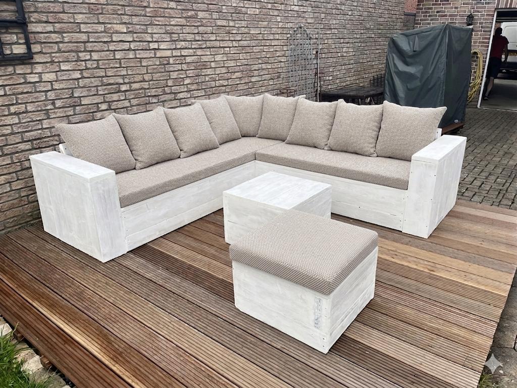 Loungeset hoekbank tuinset loungebank van Steigerhout SALE, Ophalen of Verzenden, Zo goed als nieuw, Steigerhout, Hocker