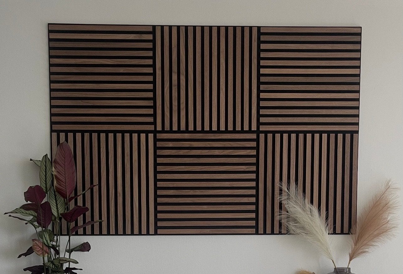 Houten wandpanelen met akoestische lamellen (6 stuks), Hout, Zo goed als nieuw, Bruin, Wandbord of Wandpaneel