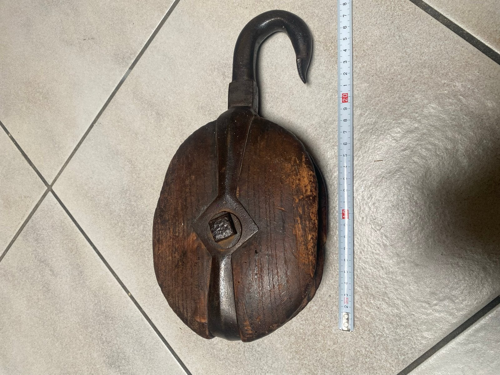 Antieke houten katrol met ijzeren haak, Ophalen of Verzenden