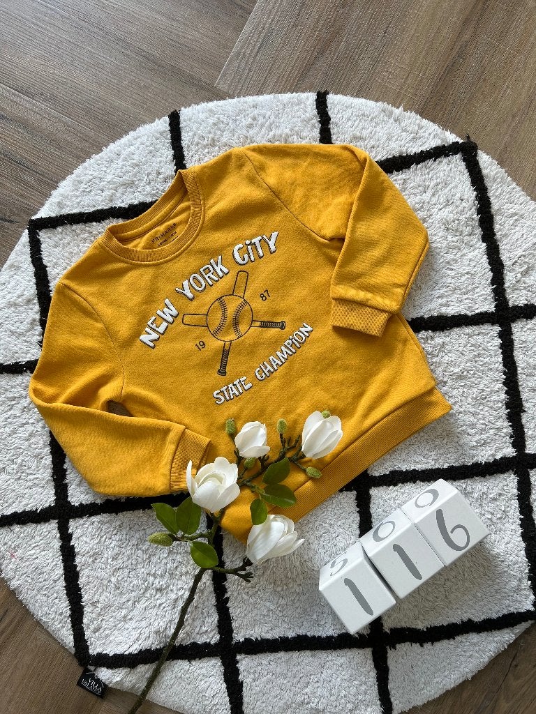 ZGAN mosterd geel NYC print Primark sweater trui 116 basebal, Jongen of Meisje, Trui of Vest, Ophalen of Verzenden, Zo goed als nieuw