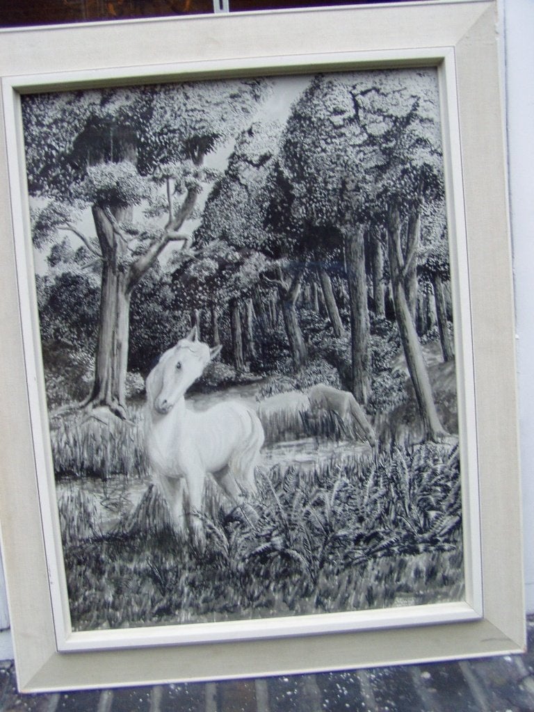 Witte paarden in het Bos, schilderij gesign Van Ekeren, Antiek en Kunst, Kunst | Schilderijen | Klassiek, Ophalen, Landschap