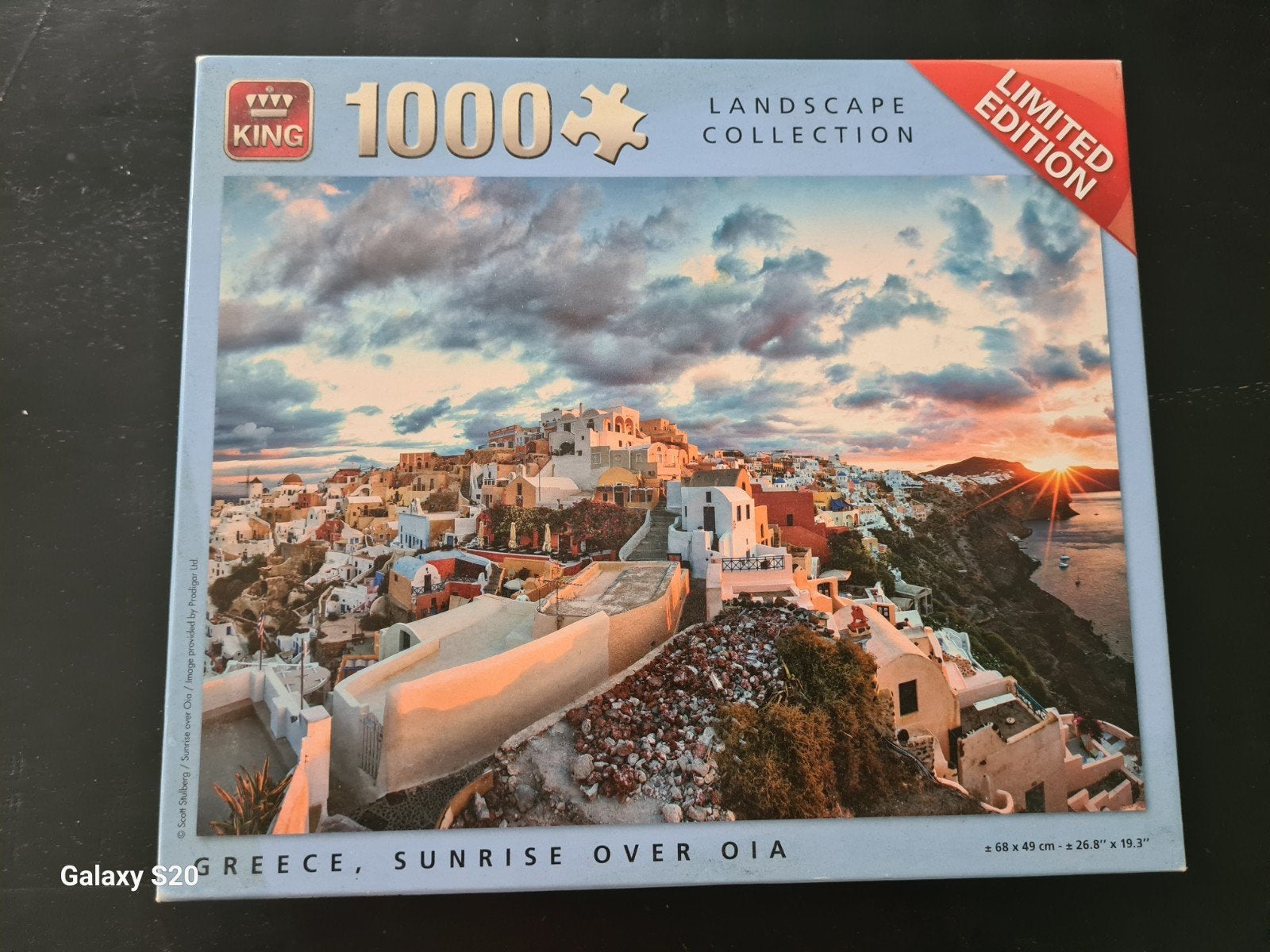 King Legpuzzel 1000 stukjes - Zonsopgang Oia, Santorini, Ophalen of Verzenden, 500 t/m 1500 stukjes, Zo goed als nieuw